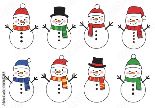 Eight cheerful snowmen stand in a row each uniquely dressed in winter hats and scarves