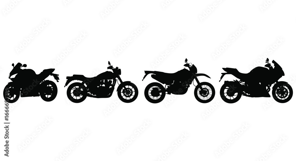 Fototapeta premium Diverse motorcycle silhouettes lined up showcasing different styles and designs on white vector