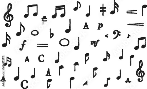 Collection of hand drawn music notes, clefs, rests, and symbols in sketch style. Perfect for creative music themed designs and decorations
