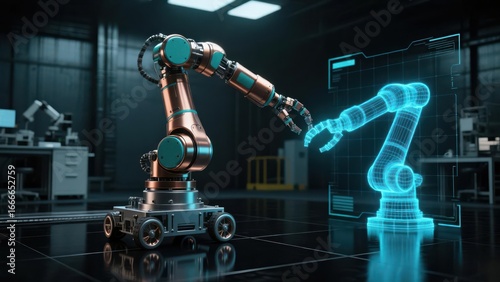 A futuristic robotic arm on wheeled base with glowing holographic wireframe digital twin, cinematic high tech setup for industrial predictive maintenance concepts