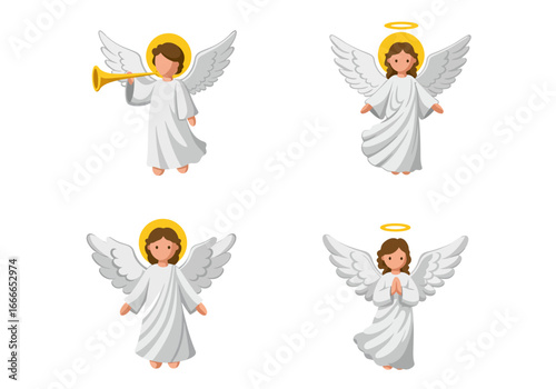 Four cartoon angels with white robes and wings One angel plays a golden trumpet