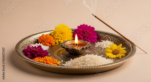 Vibrant Indian festival puja thali with glowing diya, incense, colorful flowers, and rice for auspicious occasions