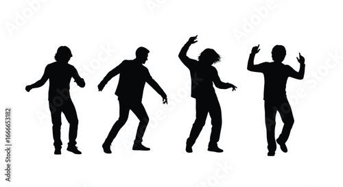 Dynamic silhouette dance figures celebrating joyful movement and celebration against a clean white backdrop vector