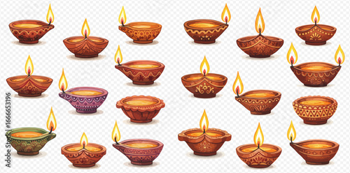 A collection of ornate, lit clay oil lamps, known as diyas, arranged for the Hindu festival of Diwali on a transparent background.