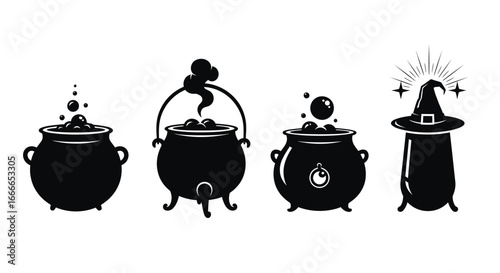 Four mystical black silhouette witch cauldrons and a hat bubbling with magical potions and spells vector