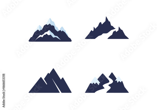 Four mountain icons peaks with snow crevasses and rivers