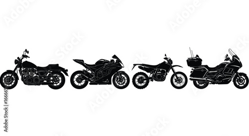 Diverse motorcycle collection silhouettes featuring cruisers sport bikes dirt bikes and touring models vector