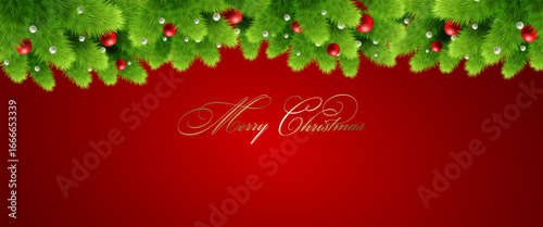 Pine tree branch border vector illustration. Fir twigs with green needles. Winter holiday evergreen decoration