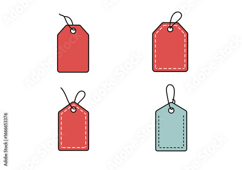 Four price tags three red and one blue all with black outlines and white stitching