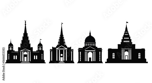 Iconic architectural silhouettes featuring diverse classical buildings and steeple structures vector