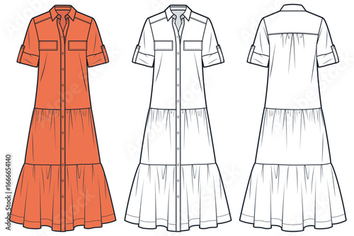 Women Shirt Dress with Tiered Skirt Fashion Flat Sketch. Long Dress fashion flat technical drawing template, button up, short sleeve, front and back view, white, orange color, women CAD mockup.