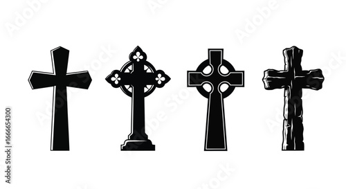 Four black christian cross symbols with textured brush strokes isolated on white for religious themes vector