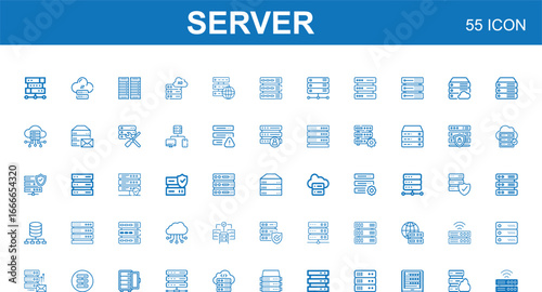 Vector art of illustration set featuring server icons, representing data storage, network connections, and computer systems, ideal for illustrating technology, database management, and internet servic