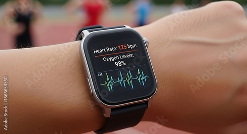 Advanced wearable technology for comprehensive health monitoring and fitness tracking during active lifestyles, displaying vital signs like heart rate and oxygen levels