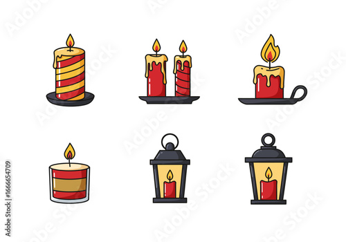 Six cartoonstyle candles three are on stands two are in lanterns and one is without