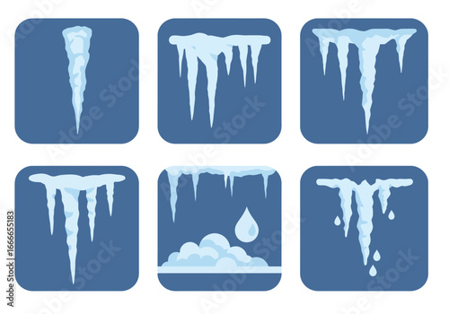 Six square icons feature icy icicles in varying forms some with melting water drops and snow piles against blue backdrops