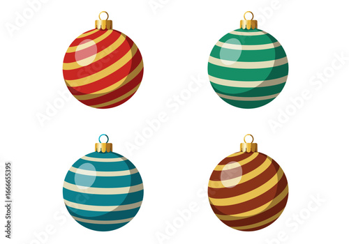 The image features four striped Christmas ornaments in red green blue  brown each with a shiny gold or silver topper and a specular highlight