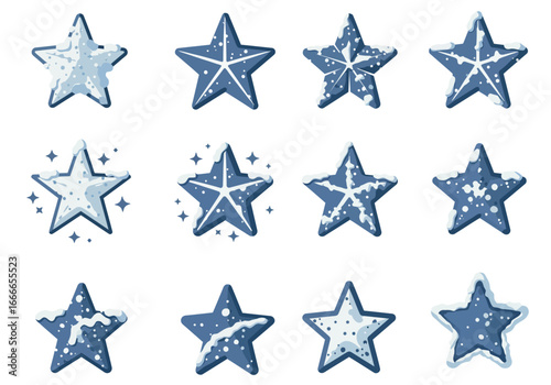Twelve blueandwhite 5pointed star cliparts arranged in a grid