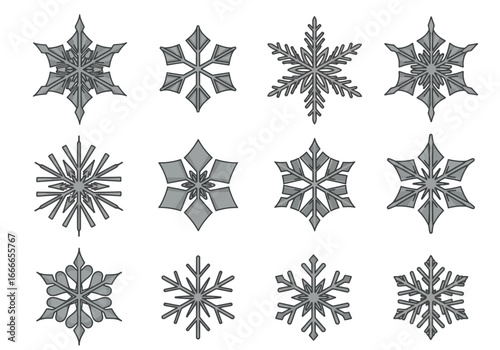 Twelve gray snowflakes arranged in a rectangular grid Varying styles of geometric shapes with 6 points define each one
