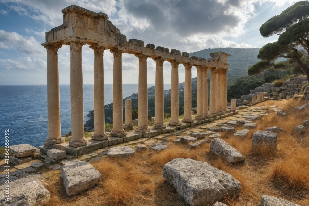 Fototapeta premium Antike Ruinen mit Säulen vor mediterraner Küstenlandschaft – historische Ausgrabungsstätte mit Blick auf das Meer, umgeben von Zypressen und Natur
