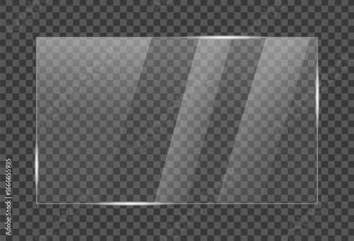 Rectangular, transparent and clean glass plate with a glossy surface and bright reflections on the edges and diagonal light veins