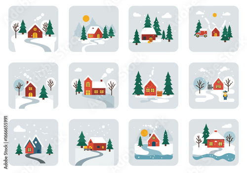 Twelve square tiles depict wintry house scenes with snow trees and roads in a simple flat and colorful style