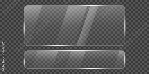 Set of two glass plates, one large rounded rectangular and the other long and thin, both transparent with shiny surfaces and glowing edges