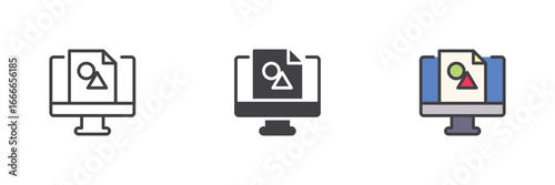 Monitor vector shapes icon set pack ? line, solid, filled outline, different style