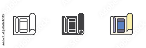 Blueprint layout icon set pack ? line, solid, filled outline, different style