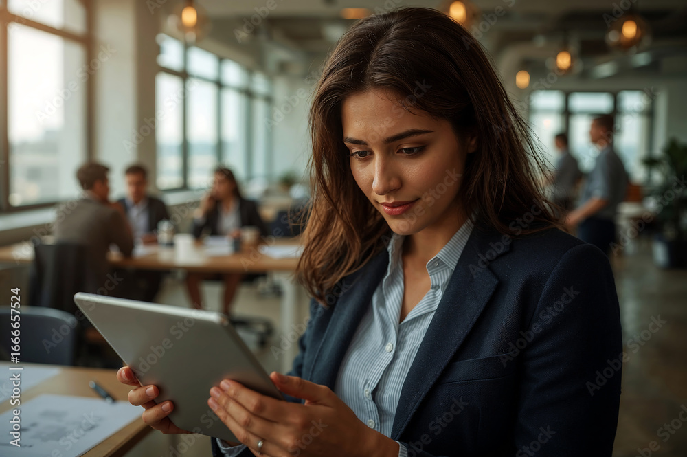 Fototapeta premium Focused businesswoman working on tablet in modern office