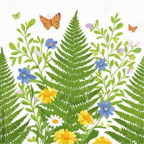 Lush Fern Garden with Wildflowers and Butterflies Illustration
