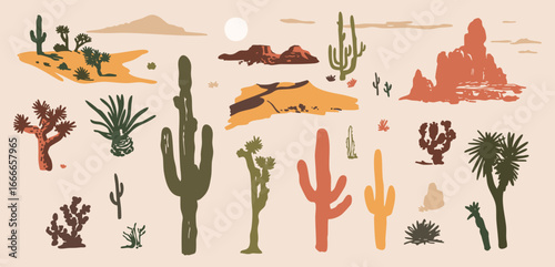 Desert Cactus Collection - Hand Drawn Arid Plants and Landscape Elements Vector Illustration