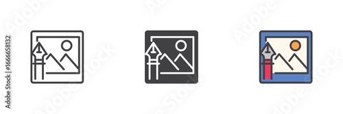 Photo frame with pen tool icon set pack ? line, solid, filled outline different style