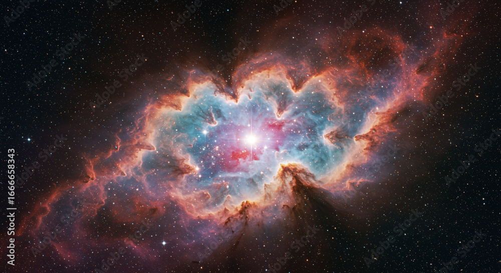 Obraz premium Vibrant cosmic nebula with star formation and glowing gas clouds in deep space