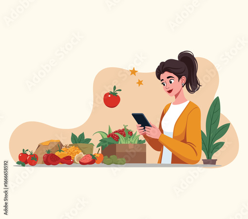 Fresh Food Shopping with Smartphone: An illustrated woman is using a smartphone to check shopping list, surrounded by a variety of fresh groceries.
