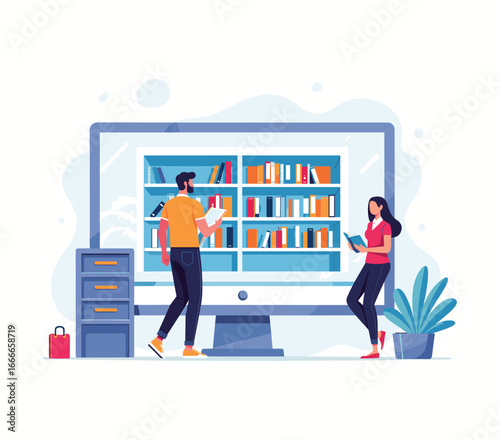 Digital Library: A colorful illustration depicting a man and a woman engrossed in reading near a massive computer screen displaying a virtual library, bookshelves filled with books.