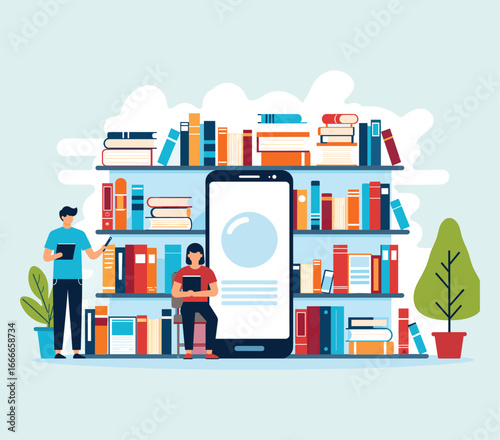Digital Library: A visual representation of an integrated digital library, seamlessly blending the analog realm of books with the digital age through an interactive smartphone.