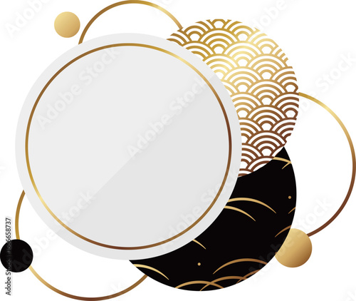 高級感のある和柄の装飾円形フレーム　ホワイト＆ゴールド