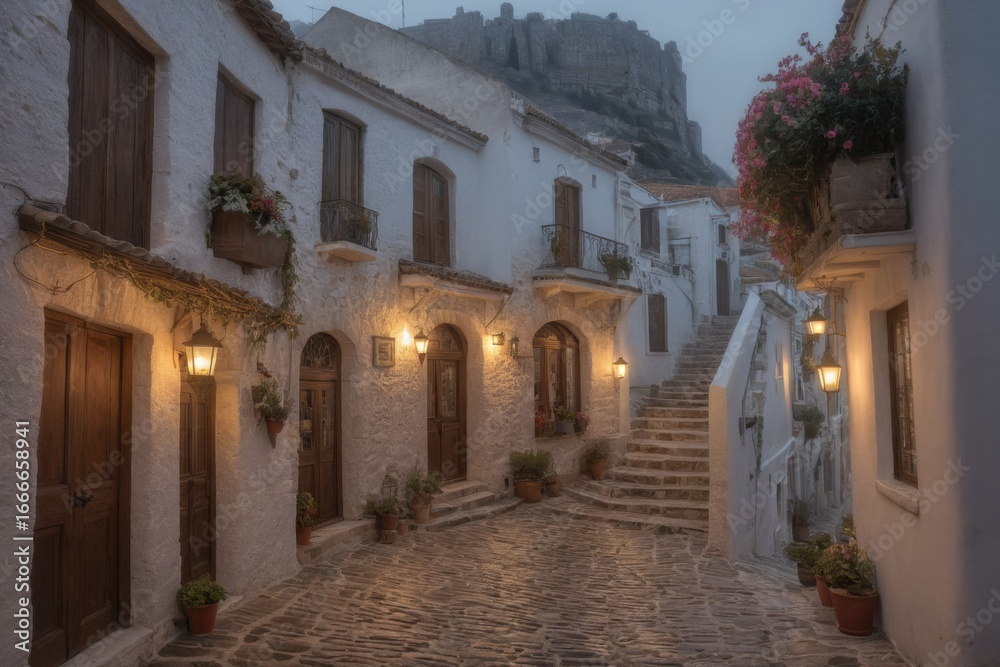 Obraz premium Romantische Altstadtgasse bei Sonnenuntergang mit Blick auf antike Ruinen – enge Gasse mit Kopfsteinpflaster, weißen Häusern und herbstlicher Dekoration in warmem Licht