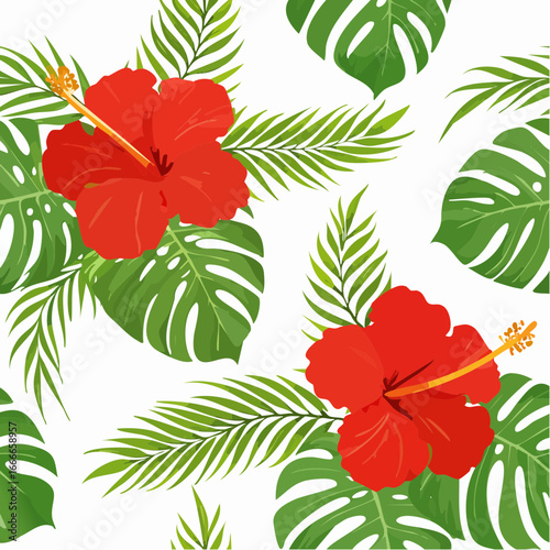 Vibrant Red Hibiscus Flowers and Lush Green Tropical Palm Leaves Pattern on a White Background, Exotic Floral Design for Summer Beach Vibes