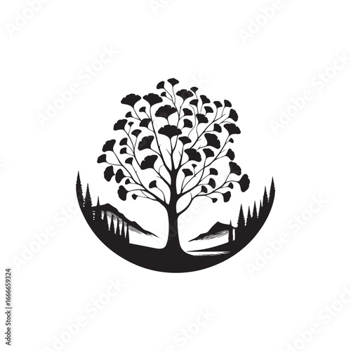 Ginkgo Biloba Tree Silhouette Vector Design.