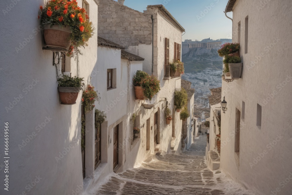 Fototapeta premium Romantische Altstadtgasse bei Sonnenuntergang mit Blick auf antike Ruinen – enge Gasse mit Kopfsteinpflaster, weißen Häusern und herbstlicher Dekoration in warmem Licht