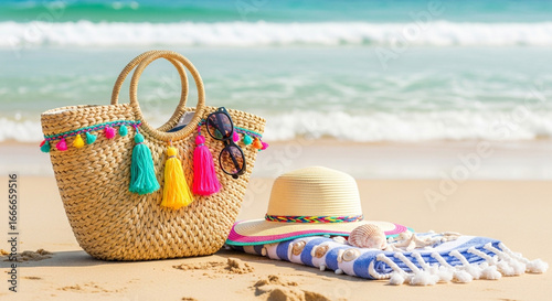 Vibrant beach essentials including a straw bag with colorful tassels, sunglasses, hat, and striped towel on sandy shore with ocean waves.