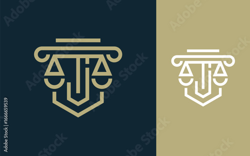 Initial letter J for law firm with pillars, legal scales and shield logo design vector illustration