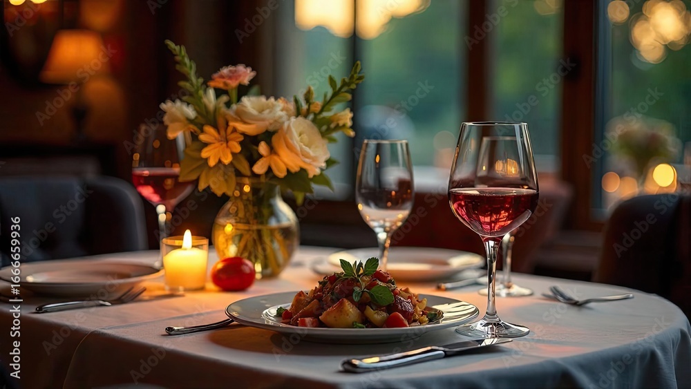 Romantic Dinner Setting with Candlelight and Rose Wine