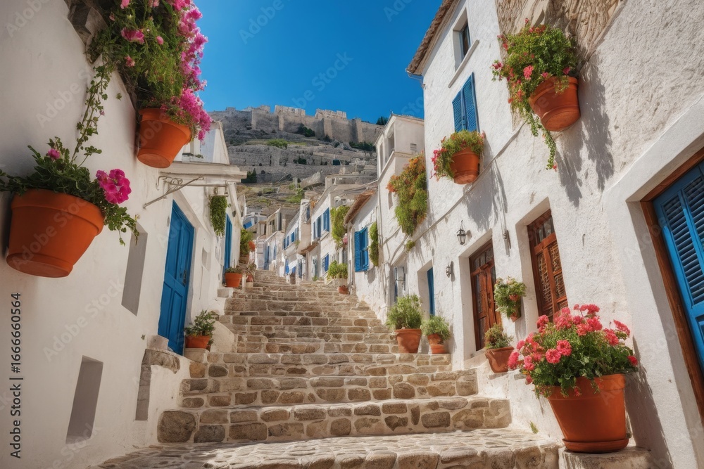 Naklejka premium Romantische Altstadtgasse bei Sonnenuntergang mit Blick auf antike Ruinen – enge Gasse mit Kopfsteinpflaster, weißen Häusern und herbstlicher Dekoration in warmem Licht