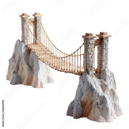 Elaborate stone bridge model connecting two rocky peaks isolated on transparent background