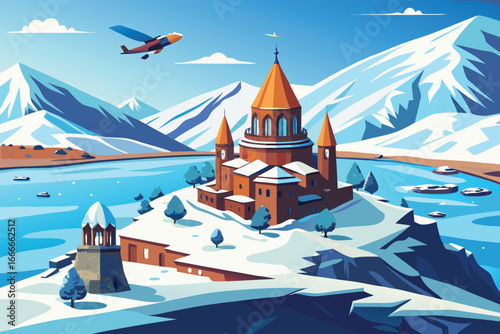 A picturesque, stylized illustration of a church nestled on a snowy mountaintop overlooking a serene, icy lake.