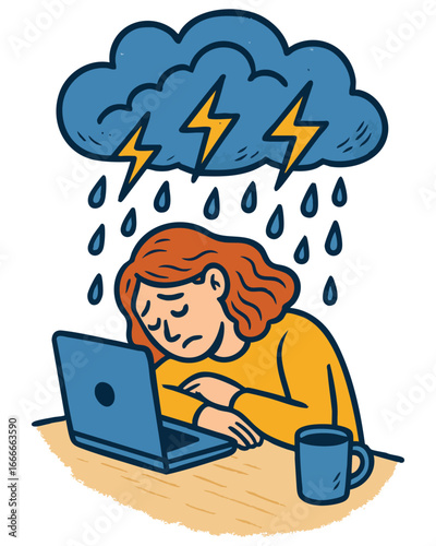 Employee with Workplace Burnout Under a Storm Cloud at a Laptop