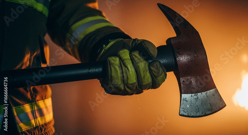 Brave firefighter grips heavy rescue axe ready for action amidst intense orange glow, embodying courage and preparedness.